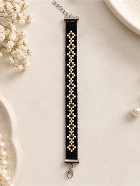 Miyuki Beaded Black and Gold Patterned Bracelet - Women's Accessory